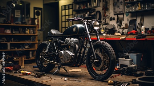 Customize an Old School Cafe Racer motorcycle in a home workshop. photo