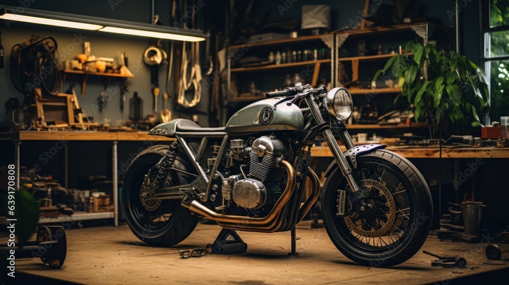 Fototapeta premium Customize an Old School Cafe Racer motorcycle in a home workshop.