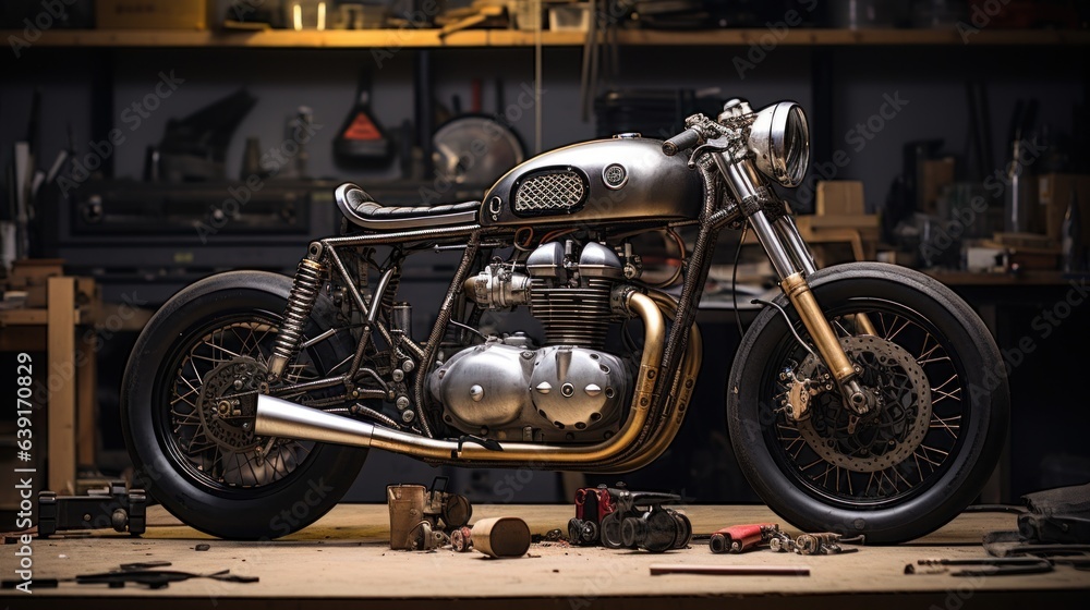 Fototapeta premium Customize an Old School Cafe Racer motorcycle in a home workshop.