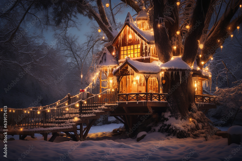 Under a soft blanket of snow, a treehouse emanates warmth and welcome, its windows revealing a comforting inner glow