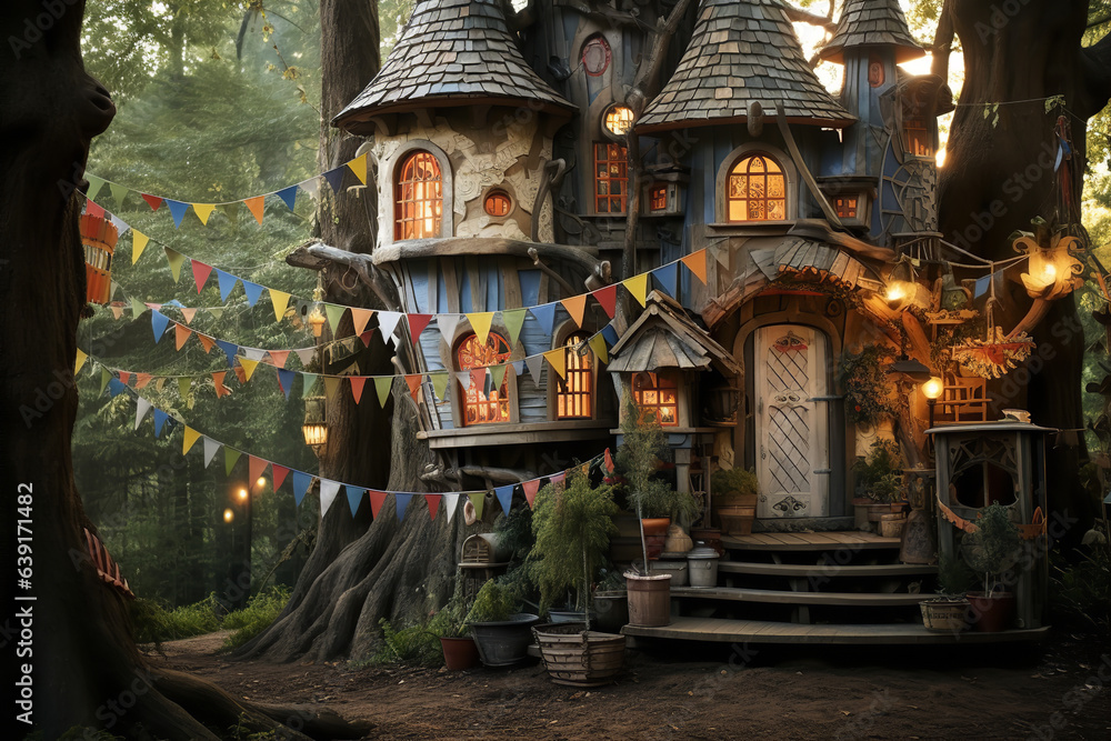 Straight from a storybook, a whimsical treehouse unfurls, adorned with turrets and flags, evoking fairy-tale dreams and nostalgia