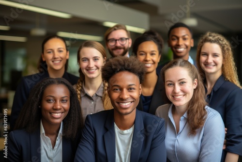 Happy diverse business team standing together in office International young professional smiling corporate employee with senior leaders looking at camera