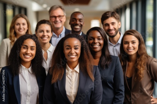 Happy diverse business team standing together in office International young professional smiling corporate employee with senior leaders looking at camera