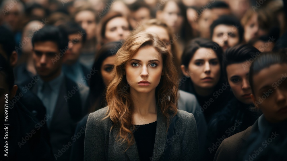 Modern female in a crowd of people. Beautiful illustration picture. Generative AI