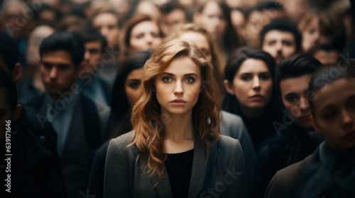 Modern female in a crowd of people. Beautiful illustration picture. Generative AI