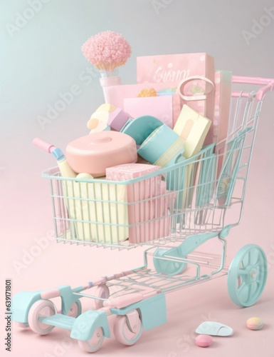 Soft and pastel shopping cart full of cute items.