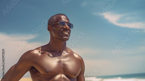 Black man is on the beach. Beautiful illustration picture. Generative AI