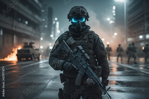 Army soilder who wear black tactical closes with a nocturn vision. AI Generative 