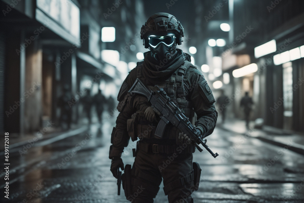 Army soilder who wear black tactical closes with a nocturn vision. AI Generative Army soilder who wear black tactical closes with a nocturn vision. AI Generative