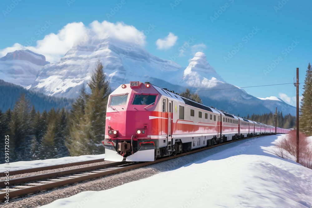 A painting of a train on a train track. A modern freight locomotive moves through a snow-covered forest in the mountains in winter on railway rails. Transportation of goods by rail.