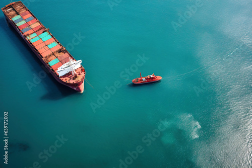 Global business logistics import-export cargo. Cargo ship with sea containers on board in the port. Transportation of goods across the ocean. Sea container ship is escorted by tugs to the port. © Anoo