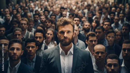 Man in crowd of people. Beautiful illustration picture. Generative AI
