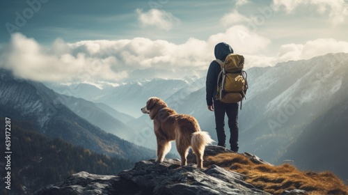Mountain hiker with dog. Beautiful illustration picture. Generative AI © standret