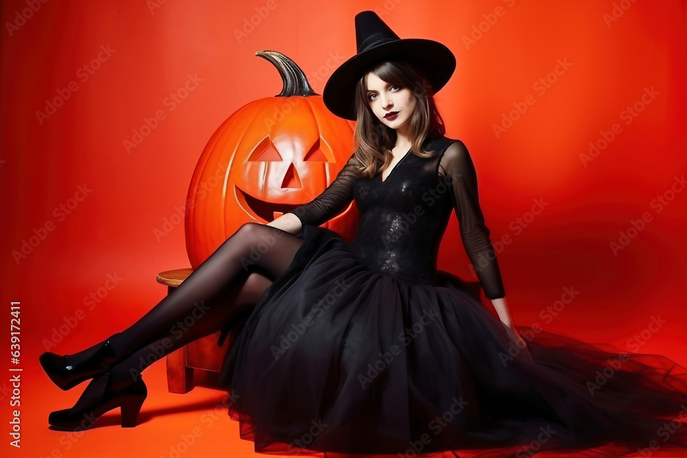 Woman in witch costume on red with pumpkin. Halloween. Festive costume. The young girl was preparing for the holiday. Woman in witch costume on red with pumpkin. Halloween. Festive costume. The young girl was preparing for the holiday.