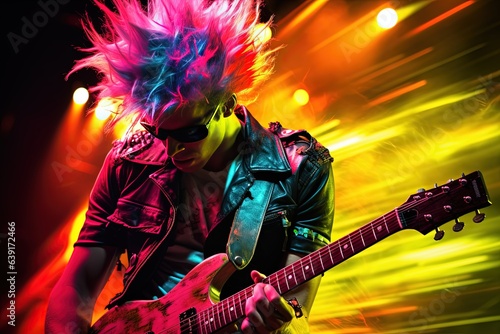close up portrait of punk rock star in pink yellow green color lights, Generative Ai