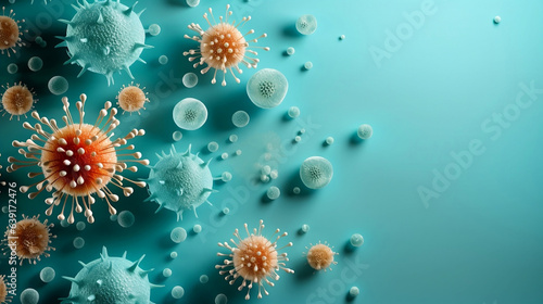 Bacteria and viruses on turquoise background. Generative AI