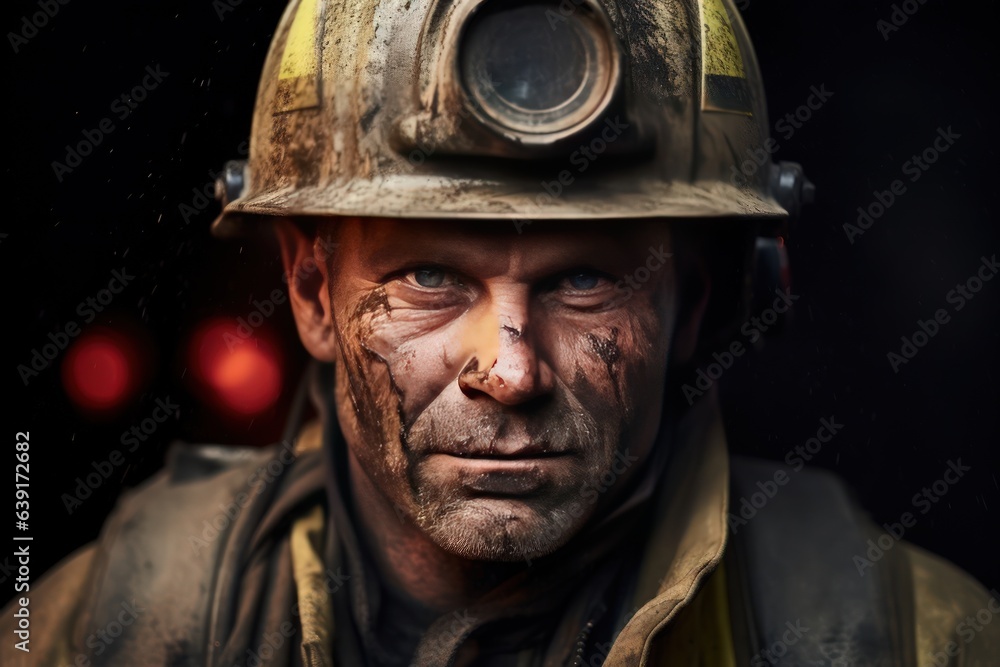 Portrait of a middle aged tired firefighter in safety uniform and a helmet. Professional fireman looking at camera. Portrait of a firefighter after exhausting work. He is tired and his face is covered Portrait of a middle aged tired firefighter in safety uniform and a helmet. Professional fireman looking at camera. Portrait of a firefighter after exhausting work. He is tired and his face is covered