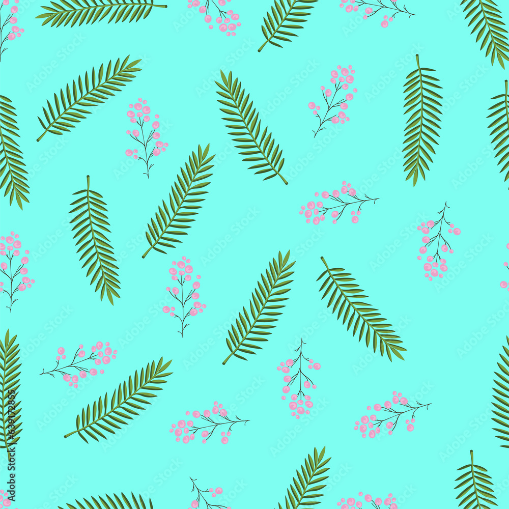 Leaves seamless vector floral pattern on light blue background.