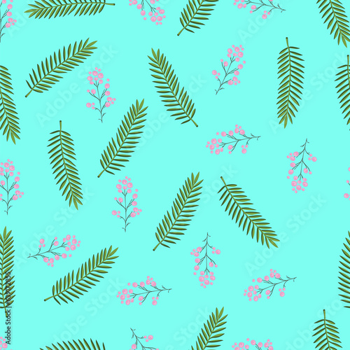 Leaves seamless vector floral pattern on light blue background.