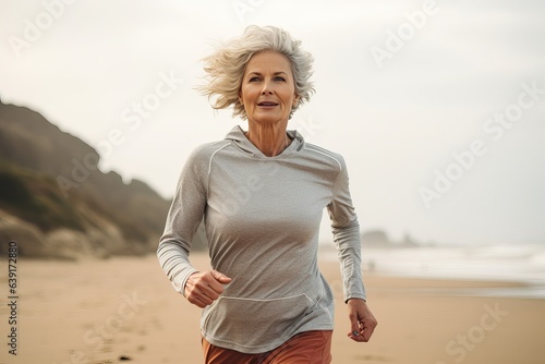 Jogging workout. Middle aged caucasian woman during jogging workout on the morning beach. Be alone with yourself during a morning run and recharge your batteries for the whole day. photo