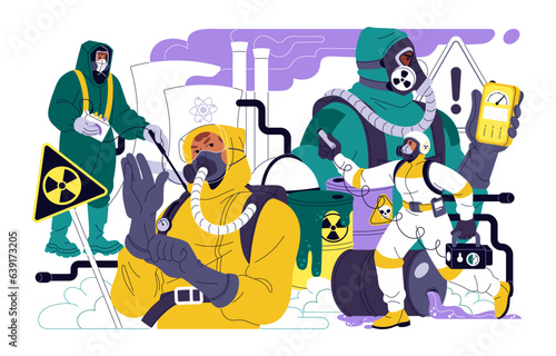 Radiation protection concept. People in respirator, mask, safety suit. Hazardous pollution, radioactive waste, npp reactor, caution nuclear sign. Flat isolated vector illustration on white background