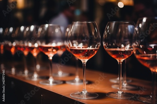 Close-up of several wine glasses with red wine before the start of the party.