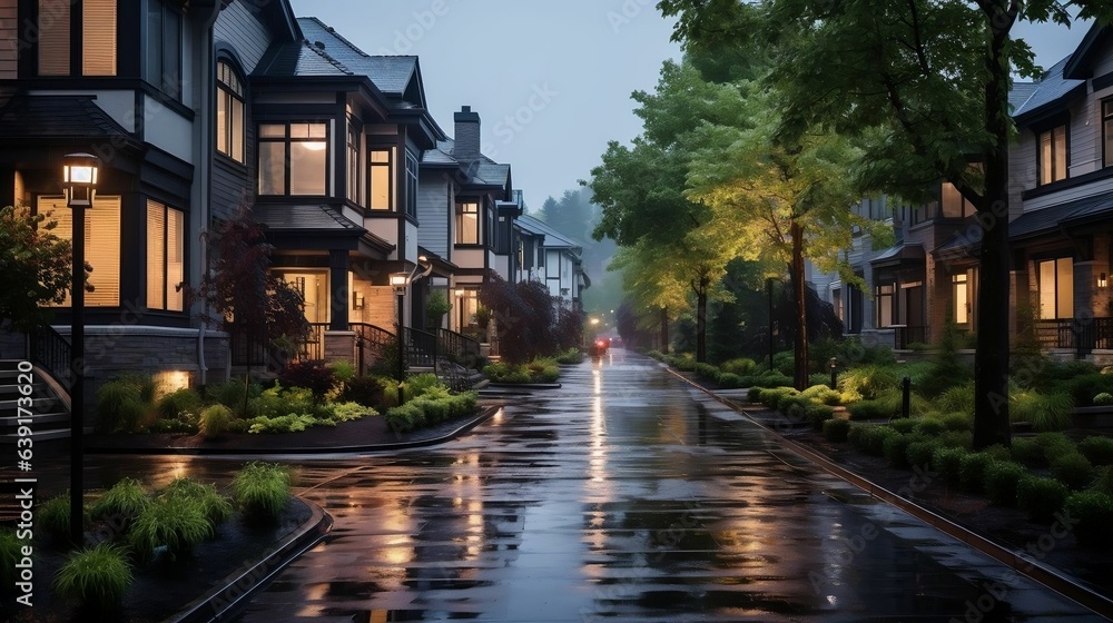 Rain-kissed suburban street amid gentle storm
