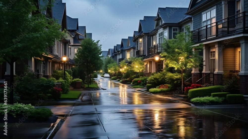 Rain-kissed suburban street amid gentle storm
