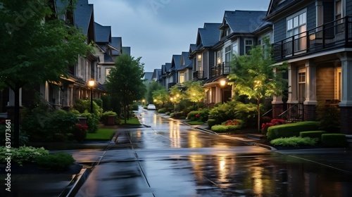 Rain-kissed suburban street amid gentle storm 