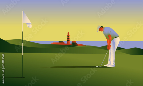 Golfclub competition poster. Template for golf competition or championship event. Blue sky and green golf field.