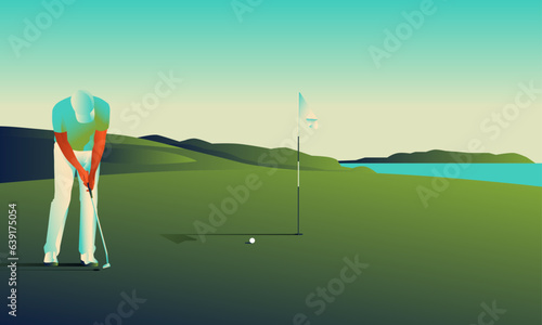 Golfclub competition poster. Template for golf competition or championship event. Blue sky and green golf field.