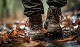 Hikers' muddy boots during autumn
