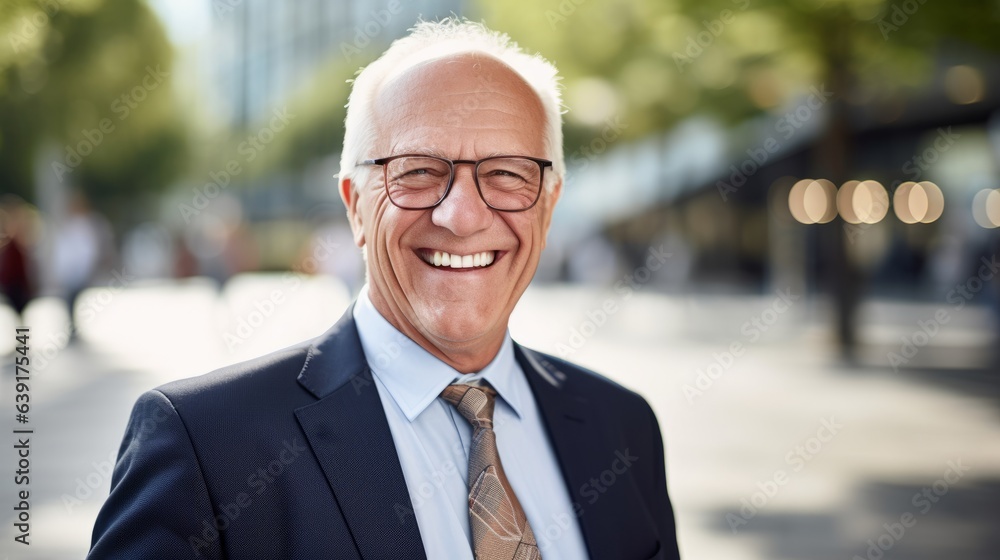 Smiling elderly businessman in the city. A happy old Caucasian man wearing glasses and a business suit standing outdoors on a summer day. Handsome senior man in a classic suit standing on the street Smiling elderly businessman in the city. A happy old Caucasian man wearing glasses and a business suit standing outdoors on a summer day. Handsome senior man in a classic suit standing on the street