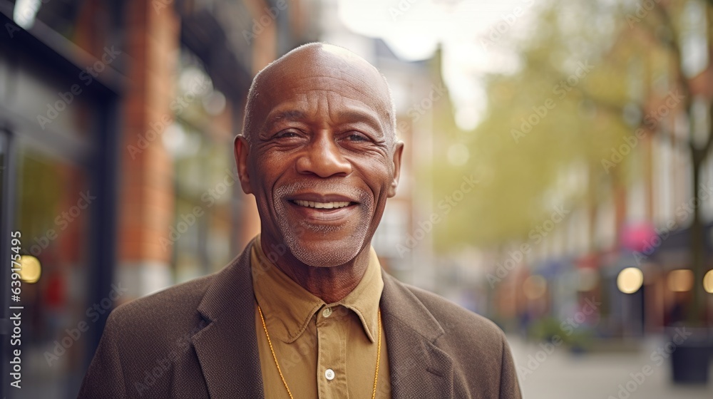 Obraz premium Smiling elderly African man standing in the city. A happy old African American grandfather standing outdoors on a summer day. Handsome, well dressed senior man outside, close-up portrait.