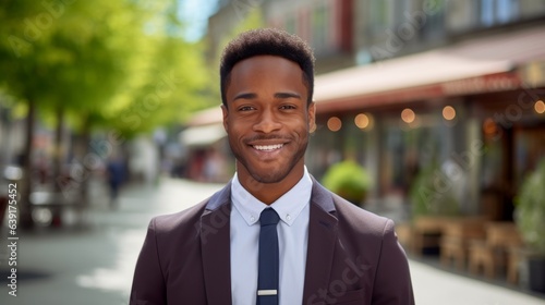 Smiling young African American businessman in the city. Portrait of a happy African male in a business suit standing outdoors on a summer day. Handsome Man in a classic suit posing on the street.