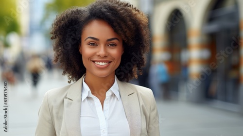 Smiling young African American businesswoman in the city. Portrait of a happy African female in a business suit standing outdoors on a summer day. Pretty African girl in a classic suit walking outside
