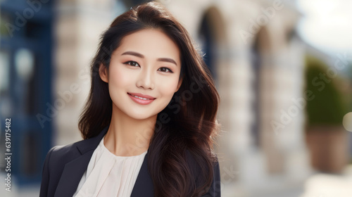 Happy young Asian businesswoman in the city. Portrait of a smiling Chinese female in a business suit standing outdoors on a summer day. Pretty Japanese girl in a classic suit walking outside.