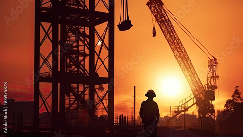 silhouette of construction worker working at Construction site and tower crane at the sunset.generative ai