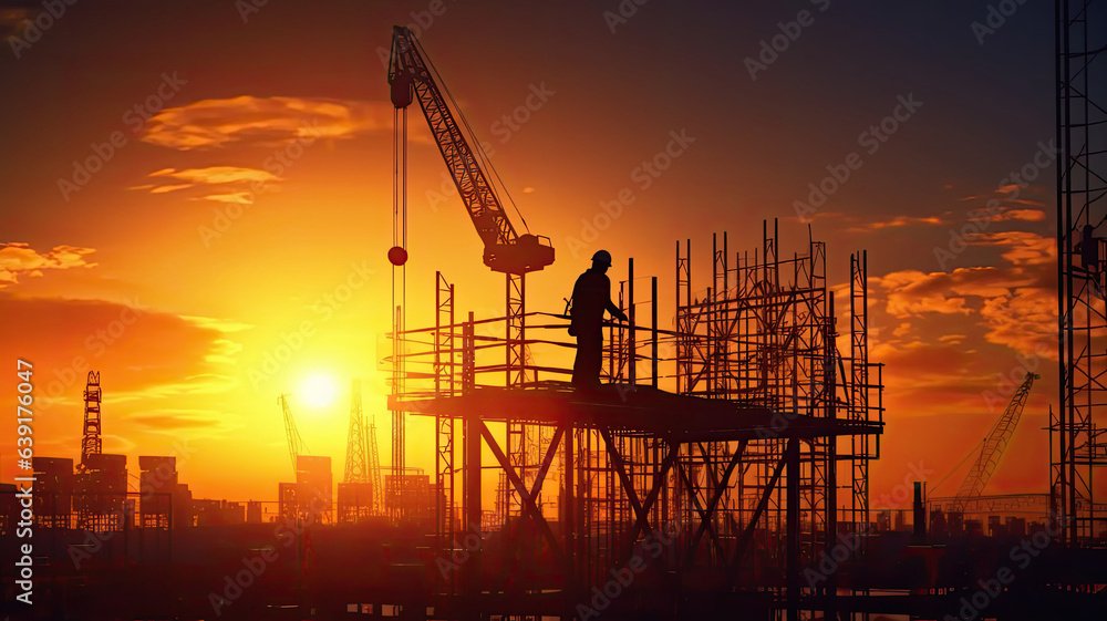 silhouette of construction worker working at Construction site and tower crane at the sunset.generative ai