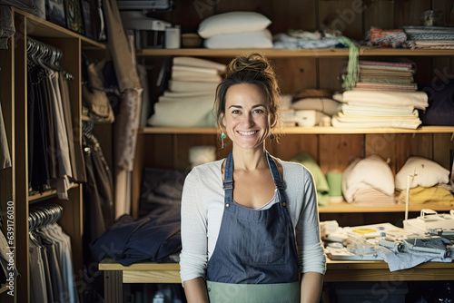 Portrait of a happy smiling female tailor, business owner in her workshop