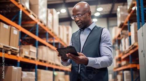 Warehouse accounting and bookkeeping. Middle-aged African American man stands in a warehouse with a papers and checks the statements for the presence of goods.