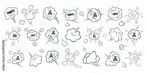 Smelling pop art comic book cartoon fart cloud flat style design vector illustration set with text and skull with crossed bones. Bad stink or toxic aroma cartoon smoke cloud.