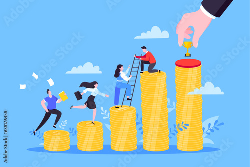 Business mentor helps improve career and money stacks growing. He holds stairs steps vector illustration. Mentorship, upskills, climb help self development strategy flat style design business concept.