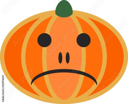 Pumpkin fruit. Halloween holiday main symbol. Orange gourd with sad grimace for Halloween design. Funny face. Vegetable graphic icon. Simple flat squash. All Saints' Eve.