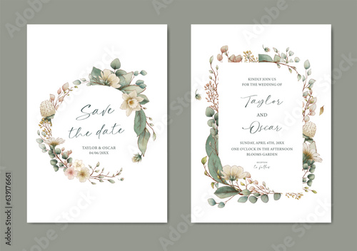 wedding invitation with rustic botanical watercolor template background