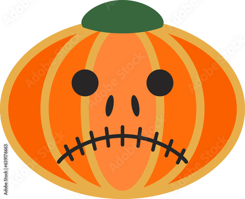Orange sad pumpkin. Gourd fruit silhouette. Halloween or Thanksgiving. Cartoon sad mask. Ripe squash face. Simple flat gourd. All Saints' Eve. Vegetable muzzle with dreary expression.