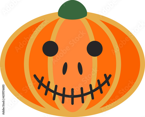 Rounded pumpkin on white background. Orange gourd. Scary smile. Pumpkin culture isolated. Squash silhouette. Annual herb. Colorful cartoon illustration for Halloween decoration. Simple design element.