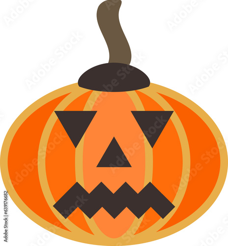 Large, smooth, oval-shaped fleshy pumpkin. Orange squash with stalk. Autumn Halloween or pumpkin for Thanksgiving. Carved sad face on gourd fruit. Ominous grimace drives away evil spirits. Spooky face