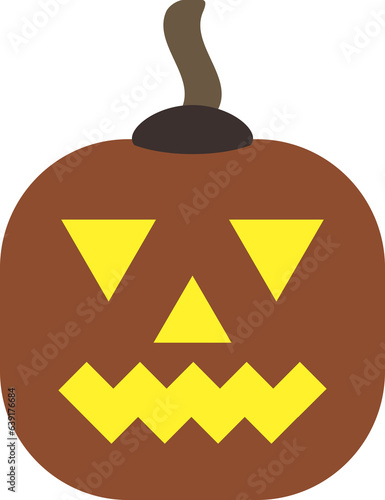 Cheerful pumpkin with sarcastic grin. Original glowing face. Smiling gourd. Squash carved as pumpkin lantern for Halloween decoration. Simple flat design. Carved holes for eyes, nose and mouth.