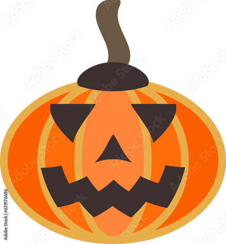 Orange pumpkin with caricatured smile. Gourd vegetable decoration. Squash with carved holes for eyes, nose and mouth. Pumpkin lantern. October natural symbol. Simple flat design for Halloween holiday.